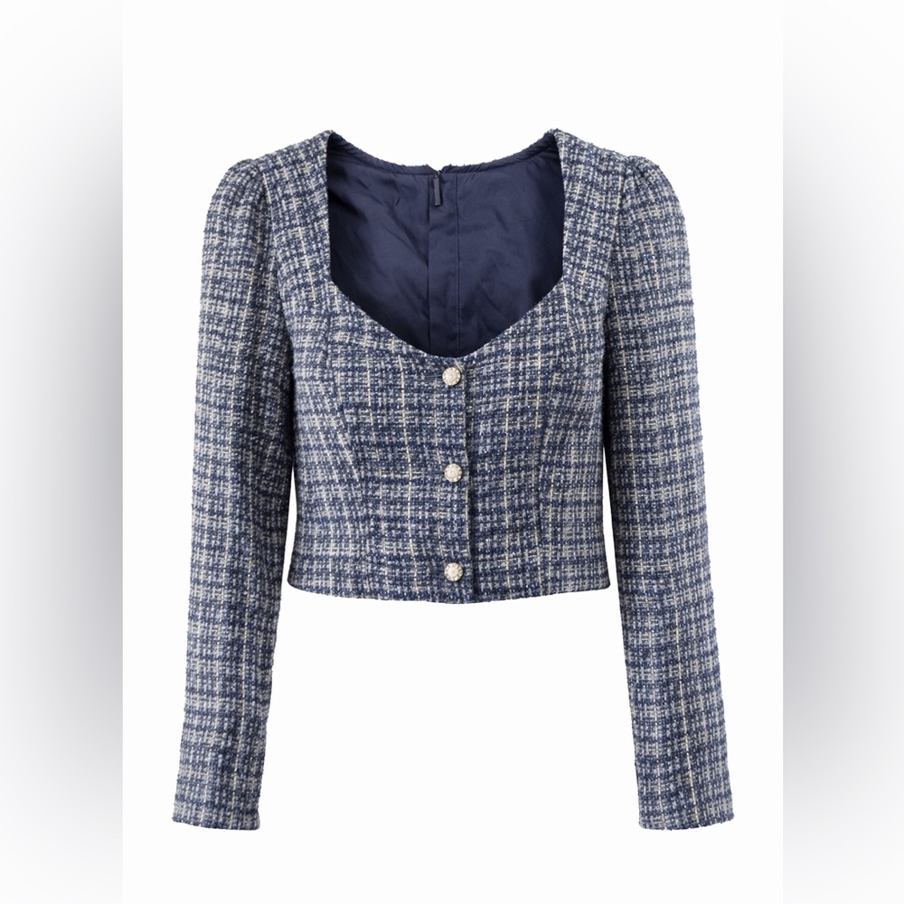 Lulus Blue Tweed Cropped Jacket Button Front Long… - image 2
